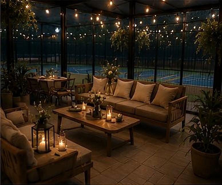 El living del espacio de eventos, con guirnaldas, velas y la cancha de pádel de fondo.