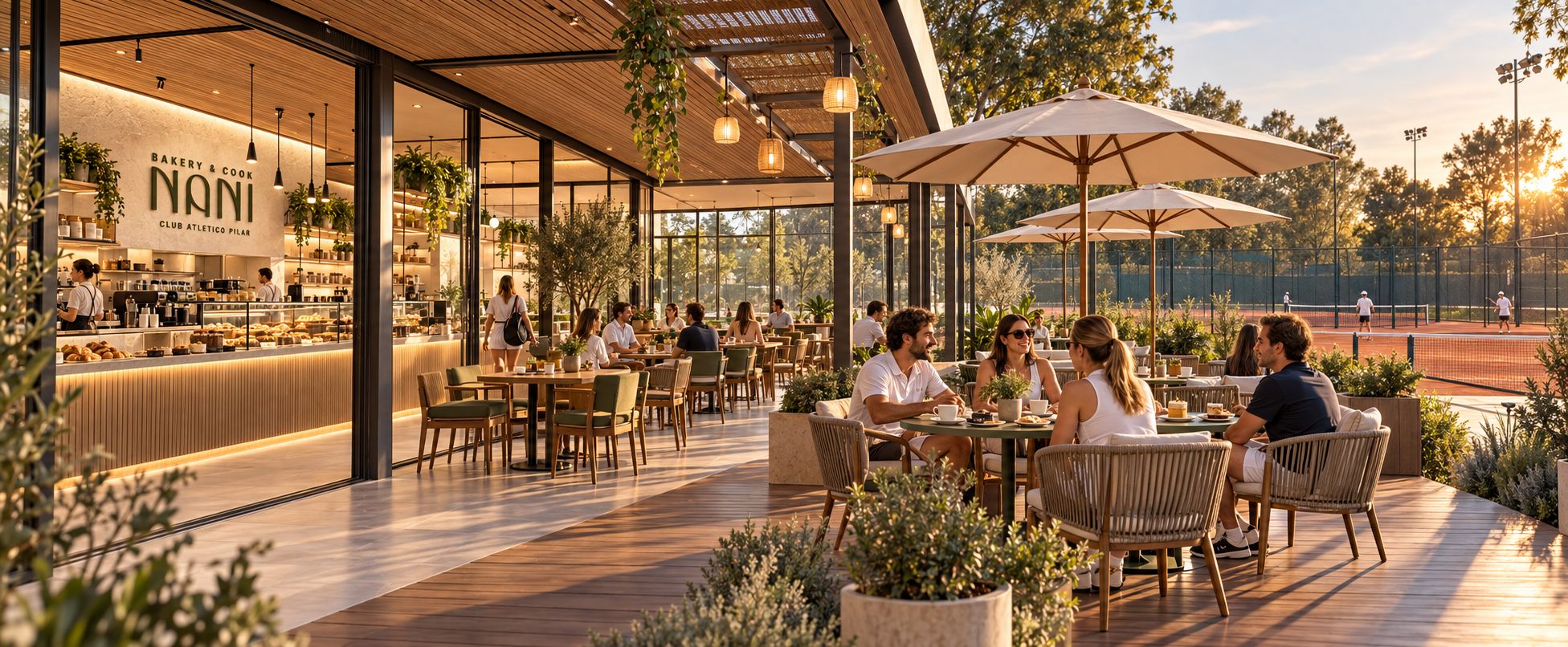 Render de NANI Restaurante: salón con barra de madera iluminada y el logo NANI, terraza de madera con sombrillas y gente, y canchas del club al atardecer.